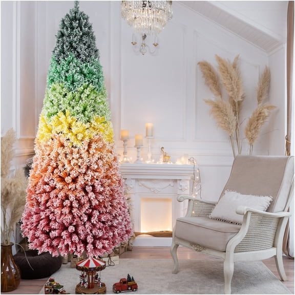 JERFIT Colorful Rainbow Flocked 7.5ft PVC Artificial Holiday Tree with 1927 Tips and Secure Metal Base