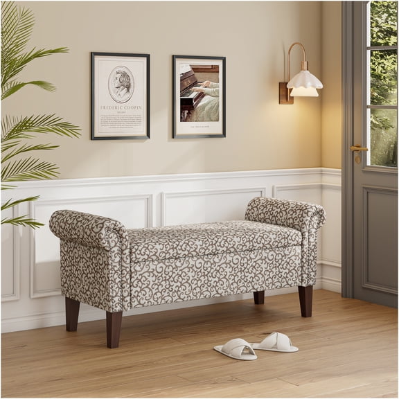 JERFIT Conrad Floral Bonsai Storage Ottoman Bench with Hinged Lid, Pewter Nail Trim, Multi Color for Living Room, Bedroom