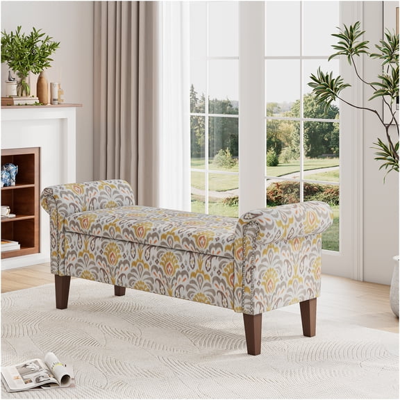 JERFIT Conrad Storage Ottoman Bench with Lid, Floral Bonsai Pattern, Upholstered Fabric, for Living Room, Bedroom, Entryway, Traditional Style