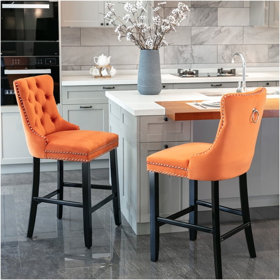 JERFIT Contemporary Orange Velvet Upholstered Bar Stools Set of 2, Button Tufted Back with Chrome Nailhead Trim and Solid Wood Legs for Kitchen Island Counter