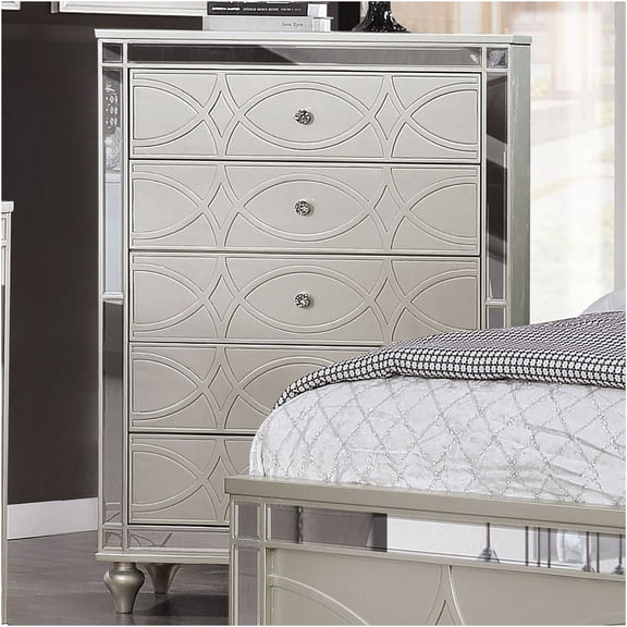 JERFIT Contemporary Silver Chest of Drawers with Crystal Knobs and Mirror Accents
