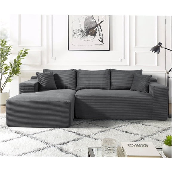JERFIT Convertible 3-Seater Modular Sofa with Pillows, L-Shaped Corduroy Sectional Couch for Living Room, Dark Grey