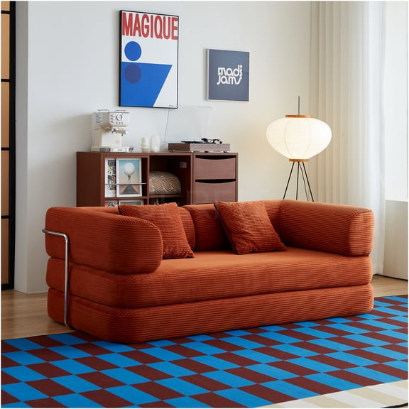 JERFIT Convertible Corduroy Floor Sofa Bed with Pillow Blanket, Foldable Couch for Living Room, Bedroom, Red Modern Sleeper