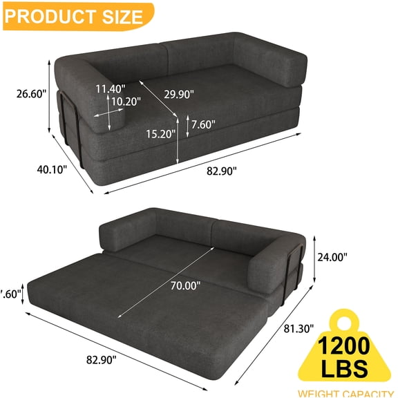 JERFIT Convertible Floor Sofa Bed with Memory Foam, 3-Seater Corduroy Sleeper Couch for Small Spaces, Minimalist Lounge Furniture for Living Room, Bedroom, Studio in Grey