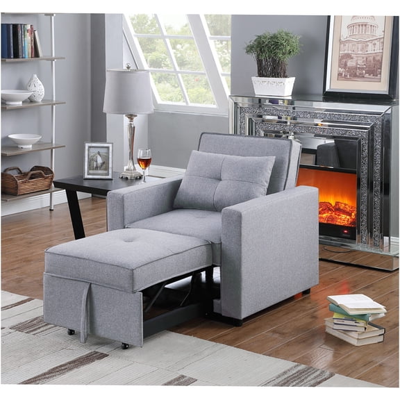 JERFIT Convertible Sleeper Chair with Pull-Out Bed, Light Gray Linen Fabric, Includes Side Pocket and Pillow for Living Room, Apartment