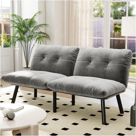 JERFIT Convertible Sofa Bed 2 Seater Modern Velvet Futon Couch with Adjustable Backrest for Small Space, Gray