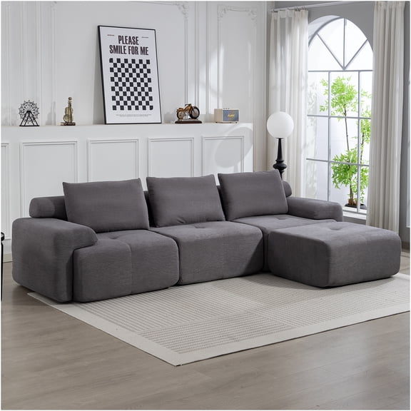 JERFIT Convertible Sofa Bed, 3-Seater L-Shaped Sectional Couch with Memory Foam, Corduroy Fabric, Steel Frame, No Assembly Required, Grey