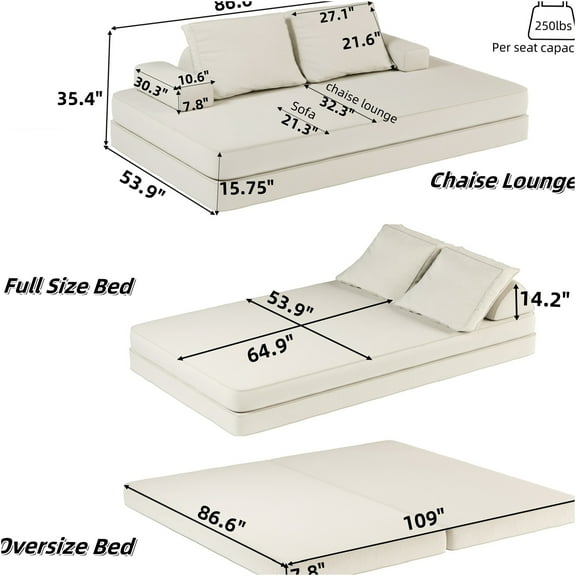 JERFIT Convertible Sofa Bed with Removable Backrests and Pillows, 4-Seat Reversible Sectional Couch, Chaise Lounge, Sleeper Sofa for Living Room, Office, Beige