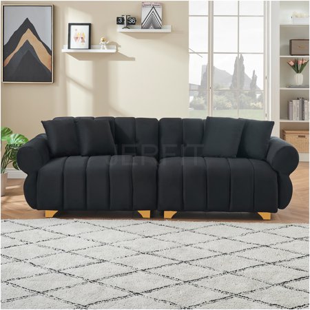 JERFIT Convertible Sofa Bed with Storage Pocket, Chenille Futon Couch with 4 Pillows, No Assembly Floor Sleeper for Studio, Apartment, Dorm, Living Room