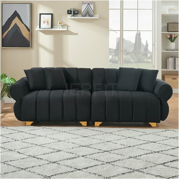 JERFIT Convertible Sofa Bed with Storage Pocket, Chenille Futon Couch with 4 Pillows, No Assembly Floor Sleeper for Studio, Apartment, Dorm, Living Room