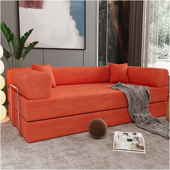 JERFIT Convertible Sofa Bed for Small Spaces, 2-Seater Velour Futon Couch with Pillows, Tangerine Orange