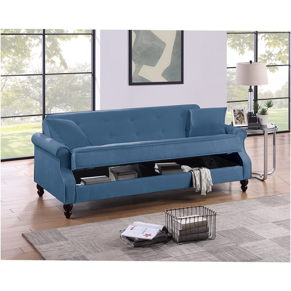 JERFIT Convertible Sofa Bed with Storage, Blue Fabric Futon Couch, Modern Adjustable Sleeper with Pillows, Tufted Back & Rolled Arms