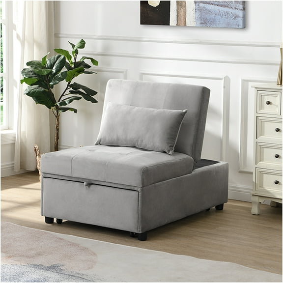 JERFIT Convertible Velvet Ottoman Sofa Bed, Foldable Guest Bed Chair with Storage for Small Space, Grey