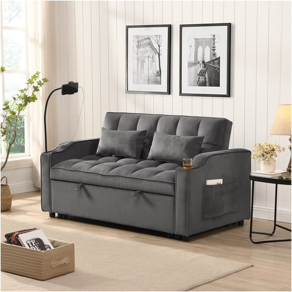 JERFIT Convertible Velvet Sofa Bed with Trundle, USB Charging, Dark Gray Sleeper for Small Space