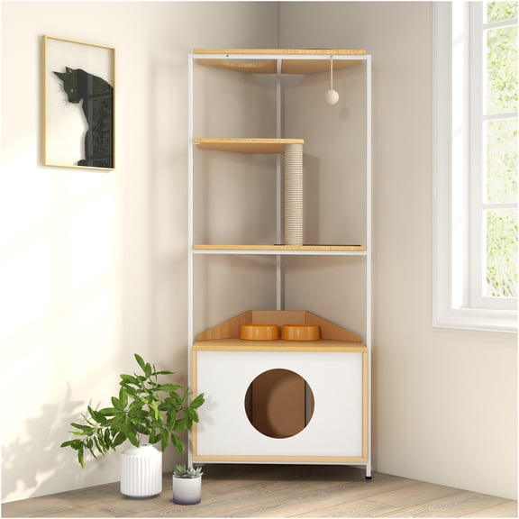 JERFIT Corner Cat Tree Tower with Scratching Post, Feeding Station & Condo, Multi-Level Climbing Furniture for Indoor Cats, Space-Saving Light Oak Design