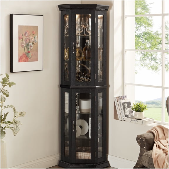 JERFIT Corner Curio Cabinet with Lights, Glass Display Cabinet with Adjustable Shelves, Tempered Glass Doors, Illuminated Bookcase for Collectibles, Home Bar, Black Finish