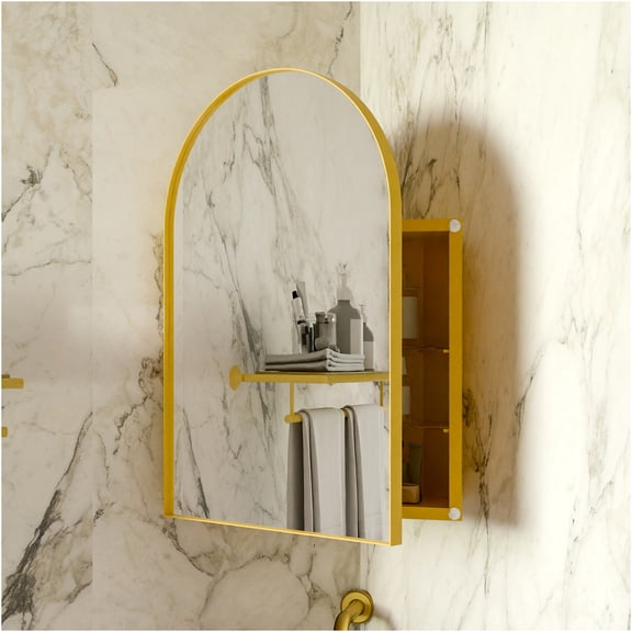 JERFIT Corner Medicine Cabinet with Mirror, Golden Metal Bathroom Storage Organizer with Adjustable Glass Shelves for Small Space, Arched Design
