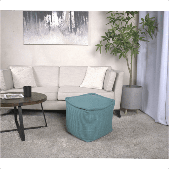 JERFIT Cotton Pouf Ottoman Teal, Handwoven Square Floor Cushion with Bead Filling for Living Room, Bedroom, Dorm Decor
