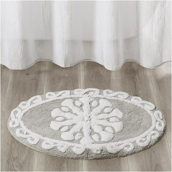 JERFIT Cotton Round Bath Rug Non-Slip, Bohemian Medallion Tufted Bathroom Mat, Super Absorbent & Soft Taupe Carpet for Bathroom Decor