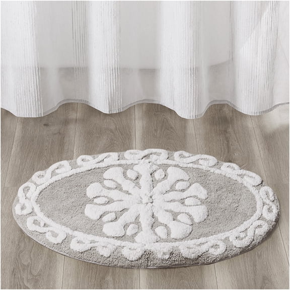 JERFIT Cotton Round Bath Rug Non-Slip, Bohemian Medallion Tufted Bathroom Mat, Super Absorbent & Soft Taupe Carpet for Bathroom Decor