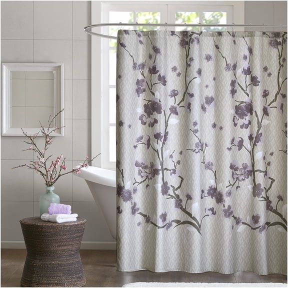 JERFIT Cotton Shower Curtain 72x72 Inches, Purple Cherry Blossoms on Grey, 100% Cotton Bathroom Decor with 12 Button Holes, Machine Washable, OEKO-TEX Certified