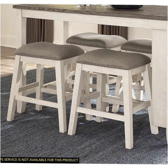 JERFIT Counter Height Bar Stools Set of 2, Antique White Finish, Textured Brown Polyester Fabric Upholstered Seats with Nailhead Trim, Farmhouse Style Dining Stools