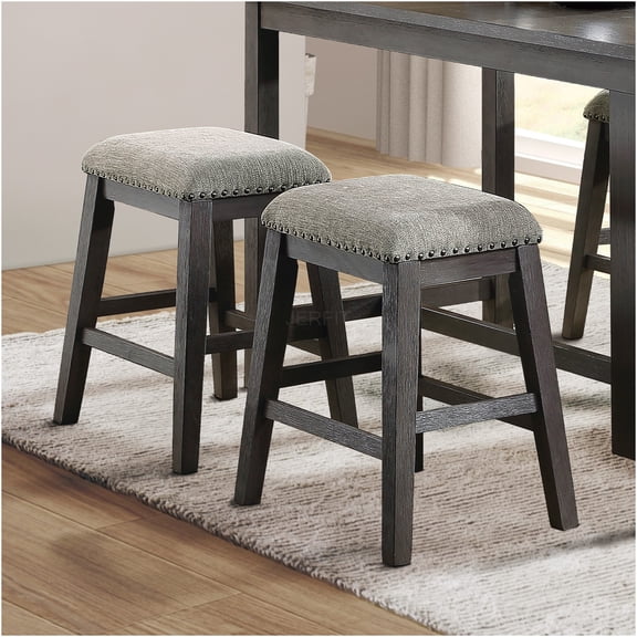 JERFIT Counter Height Bar Stools Set of 2, Wire Brushed Gray Finish, Nailhead Trim, Gray Chenille Upholstered Seats for Kitchen Island, Dining Room, Breakfast Nook
