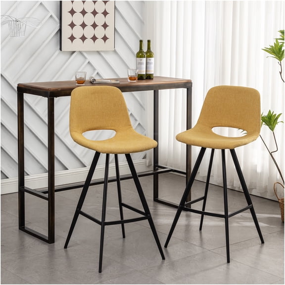 JERFIT Counter Height Bar Stools Set of 2, Yellow Fabric Swivel Kitchen Island Stools with Back and Footrest, Padded Upholstered Barstools for Modern Home Dining