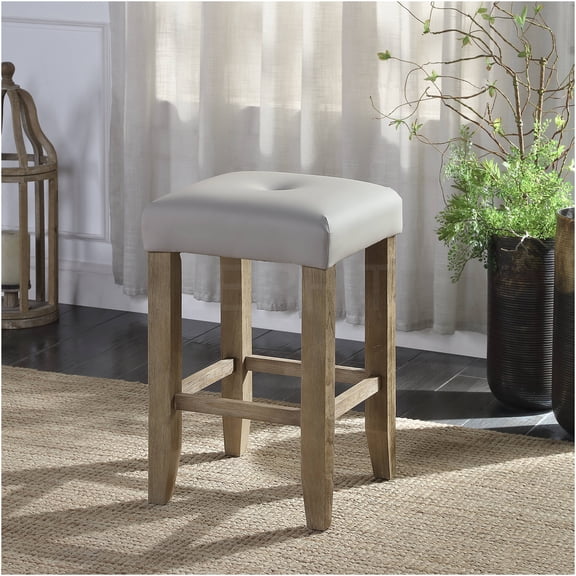 JERFIT Counter Height Bar Stools Set of 2, Gray Faux Leather with Oak Finish, Button Tufted Storage Stool