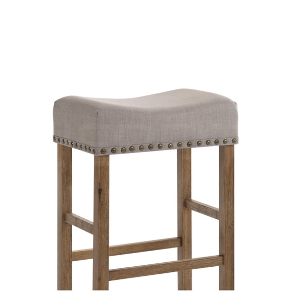 JERFIT Counter Height Bar Stools Set of 2, Tan Linen Upholstered with Weathered Oak Finish, Backless Kitchen Island Stools
