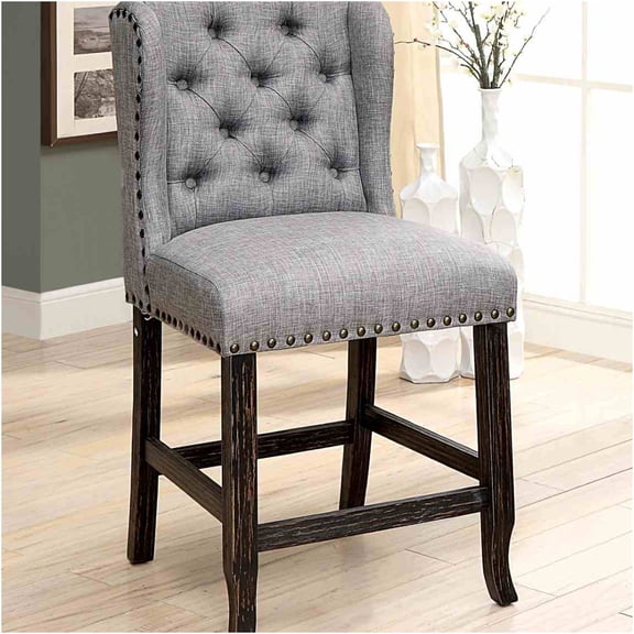 JERFIT Counter Height Dining Chairs Set of 2, Wingback Upholstered Bar Stools with Nailhead Trim, Distressed Antique Black and Light Gray Finish, Farmhouse Kitchen Island Chairs