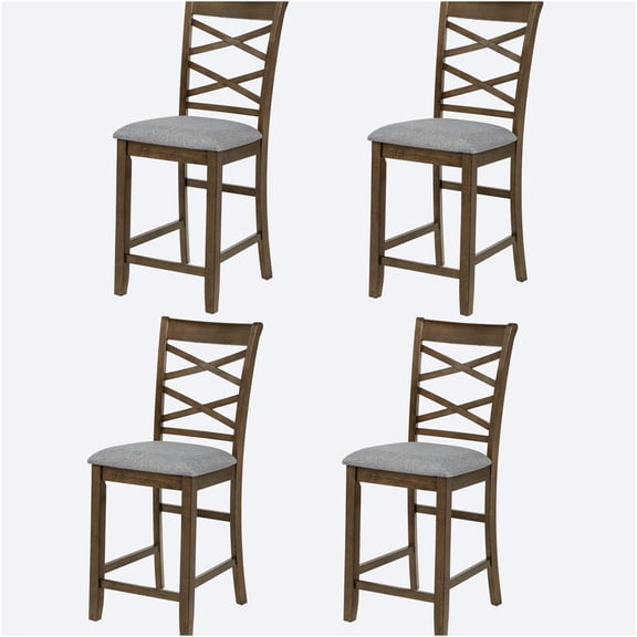JERFIT Counter Height Dining Chairs Set of 4, Walnut Wood Kitchen Chairs with Linen Upholstered Seat, Modern Cross Back Design for Breakfast Nook, Bar, and Dining Room