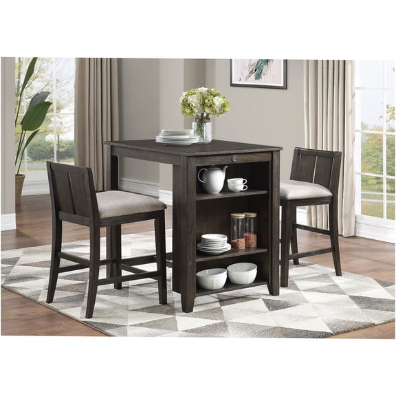 JERFIT Counter Height Dining Set with USB Charging, Display Shelf, 2 Fabric Chairs, Dark Cherry Finish