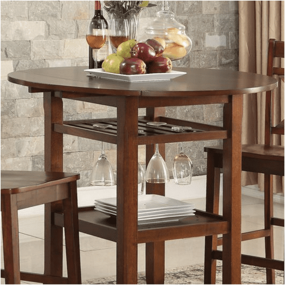 JERFIT Counter Height Dining Table with 2 Drop Leaves, Stemware Rack & Open Storage, Cherry Finish