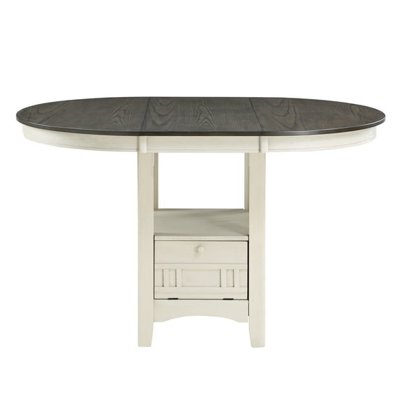 JERFIT Counter Height Dining Table with Extension Leaf and Storage, Antique White Mission Style Solid Wood Pedestal Base