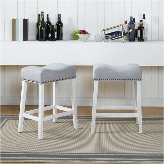 JERFIT Counter Height Stools Set of 2, Upholstered Saddle Bar Stools with Nailhead Trim, Gray Fabric and White-Washed Finish for Kitchen Island, Breakfast Nook