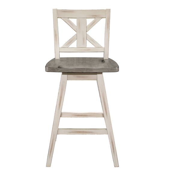 JERFIT Counter Height Swivel Chairs Set of 2, 360 Degree Swivel X-Back Dining Chairs, Distressed White and Gray Solid Wood Kitchen Bar Stools for Counter Table