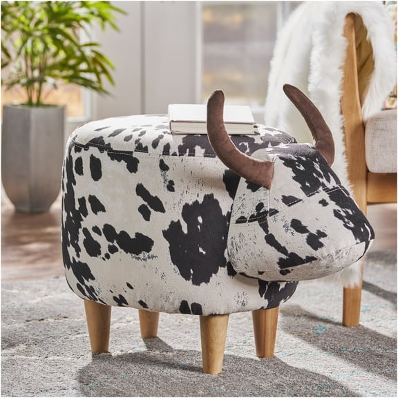 JERFIT Cow Print Ottoman Footstool, Velvet Upholstered Cow-Shaped Accent Stool with Birch Wood Legs for Living Room, Bedroom, Porch, Garden Decor