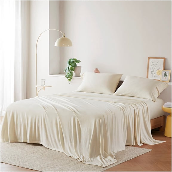 JERFIT Cream Jersey Knit Sheet Set Full, 4-Pc All Season Bed Sheets, Soft Cotton Blend Wrinkle Resistant Machine Washable Fitted & Flat with Pillowcases