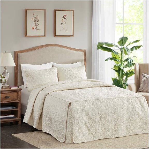 JERFIT Cream King Size Quilted Bedspread Set with 2 Shams, Split Corner Pleated Design, Microfiber Polyester, Antimicrobial, Hypoallergenic