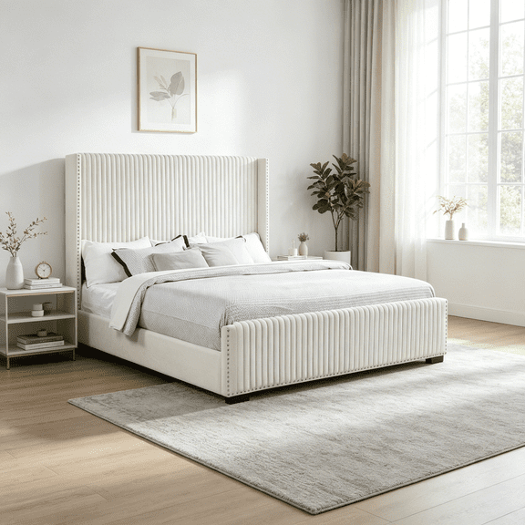 JERFIT Cream Upholstered California King Bed with Wingback Headboard and Nailhead Trim, Modern Fabric Platform Bed Frame for Master Bedroom
