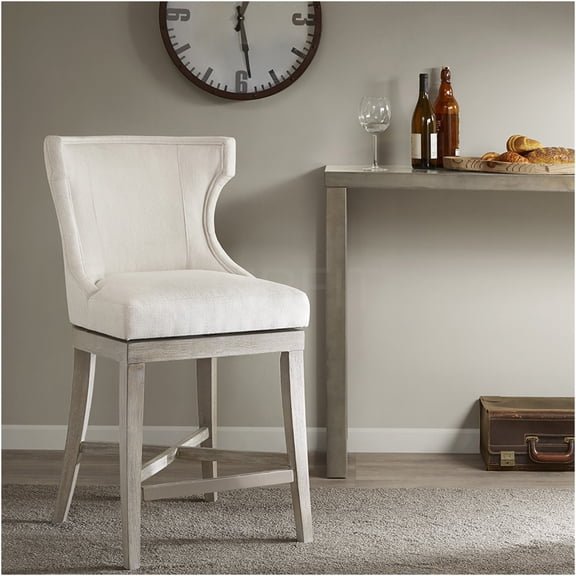 JERFIT Cream Upholstered Swivel Counter Stool with Wingback Design, 360 Degree Rotation, Polyester Fabric and Solid Wood Legs for Kitchen Island, Bar Height Dining