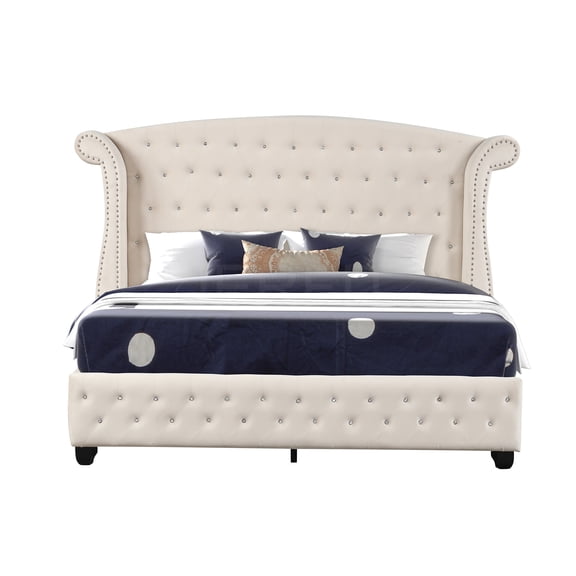 JERFIT Cream Upholstered Velvet Full Size Bed Frame with Crystal Button Tufted Headboard, Modern Platform Bedroom Furniture, No Box Spring Needed
