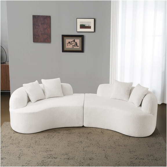 JERFIT Curved 4-Seater Sofa with Springs, Plush Teddy Velvet Upholstery, Compact Apartment Couch for Small Spaces, Cloud-Like Comfort, White