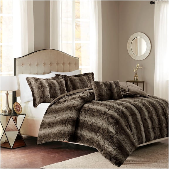 JERFIT Dark Brown Faux Fur Comforter Set Queen/Full, 4-Piece Luxury Mink Soft Bedding Set with Decorative Pillow, Hypoallergenic & Machine Washable