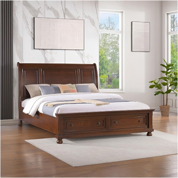 JERFIT Dark Cherry Wood Full Size Sleigh Bed Frame with Storage Drawers, No Box Spring Needed Platform Base