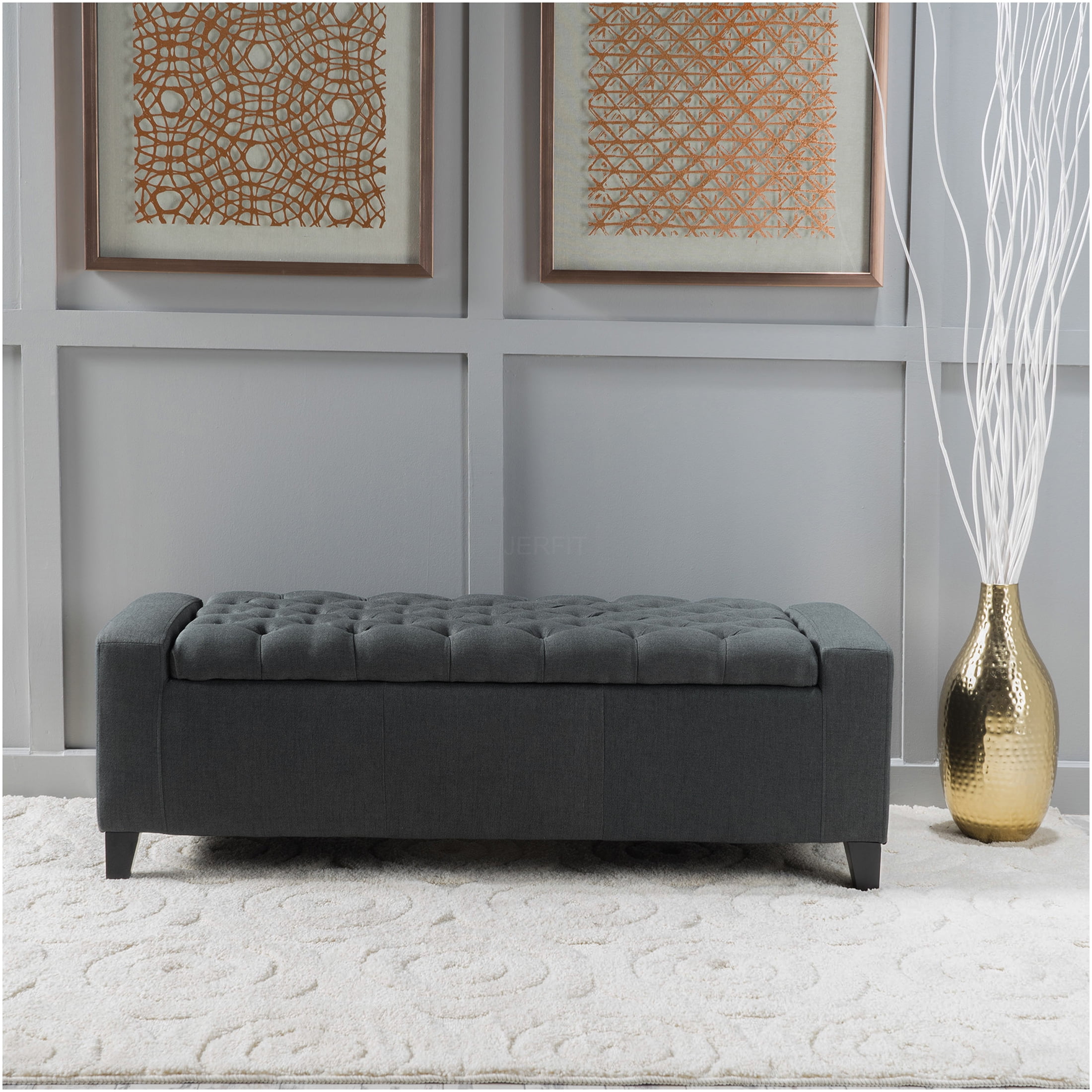 JERFIT Dark Gray Fabric Storage Ottoman Bench with Tufted Top, Multi-Functional Footrest Seat and Hidden Storage Chest for Living Room, Bedroom