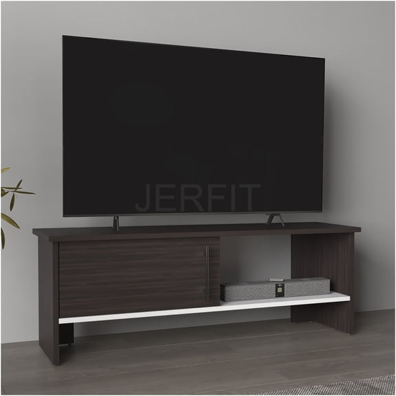 JERFIT Dark Oak TV Stand with Storage Cabinet and Open Shelf for Living Room, Entertainment Center