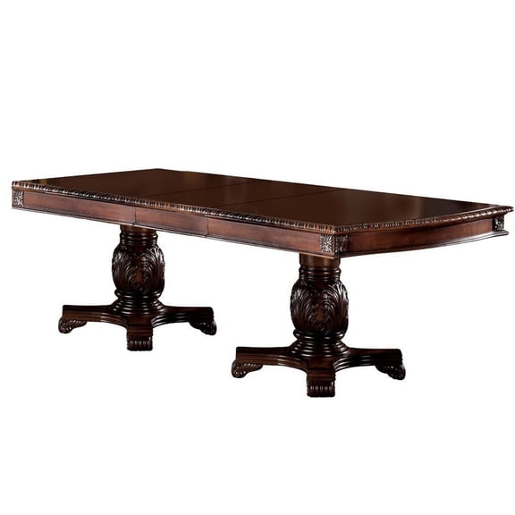 JERFIT De Ville Extendable Dining Table with Removable Leaf, Cherry Finish, Double Pedestal Base for Elegant Dining Room