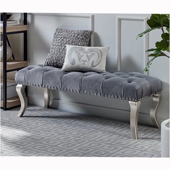 JERFIT Decor Maxem Tufted Fabric Upholstered Bench Nailhead Trim Gray